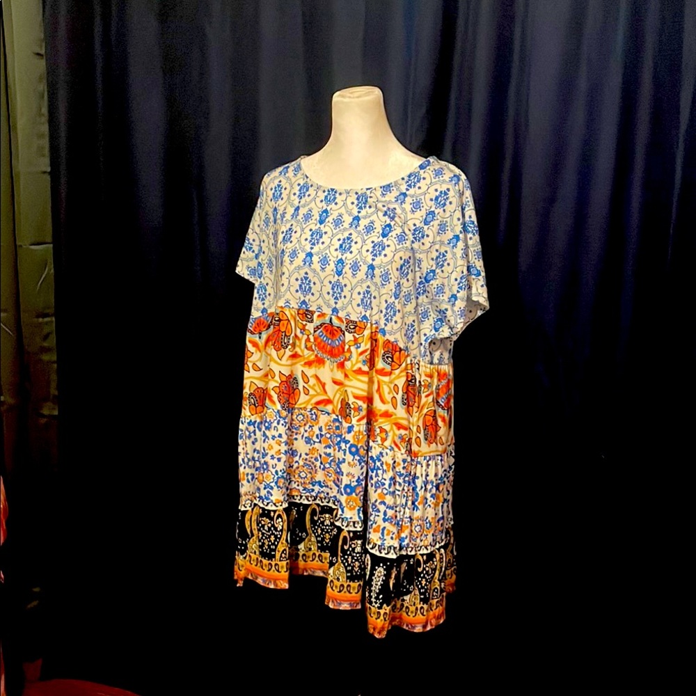 Suzanne Betro Blue and Orange Mini Sundress with Dolman Sleeves